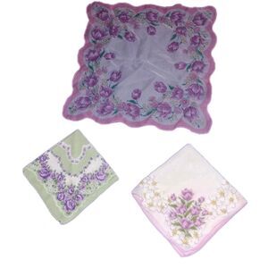Vintage Purple Floral Handkerchiefs Lot 3 Tulip Rose Print Hankies Retro Decor